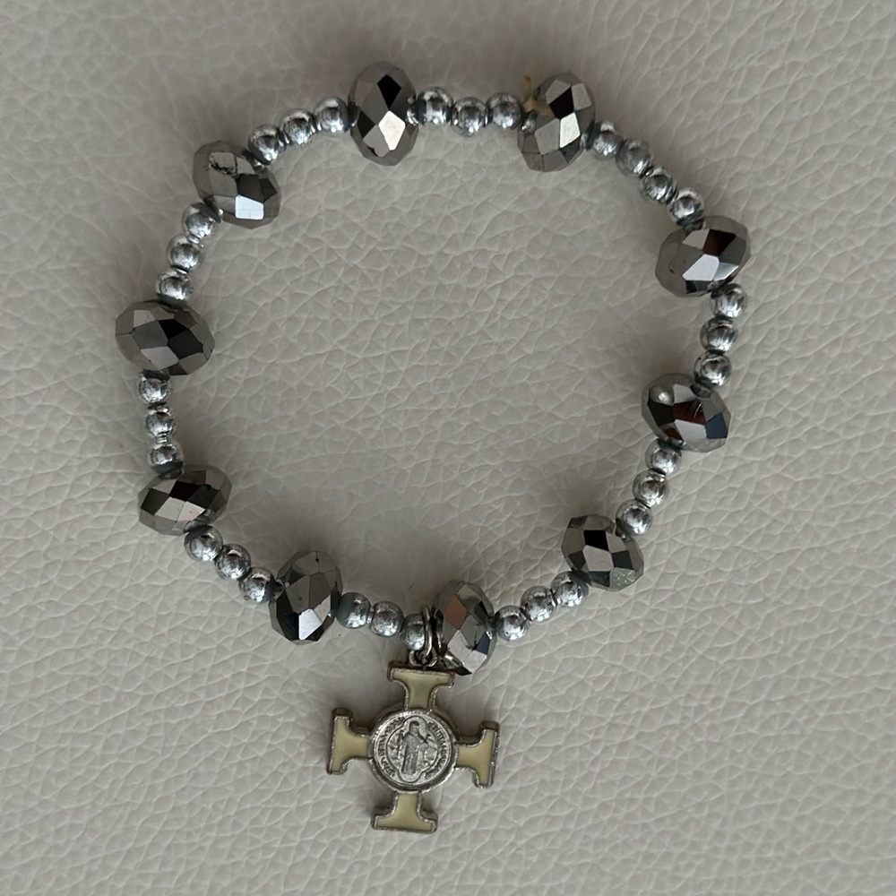 St. Benedict bracelet with glass and plastic silver beads
